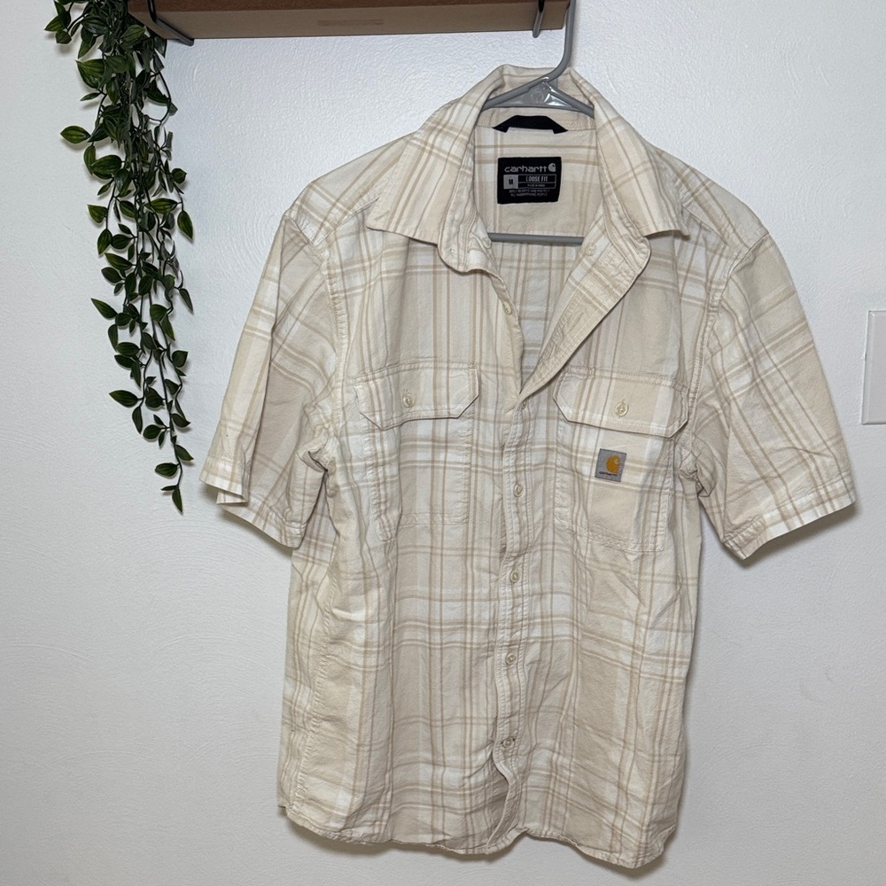Carhartt Men's Light Tan Plaid Button Down Shirt loose fit size M